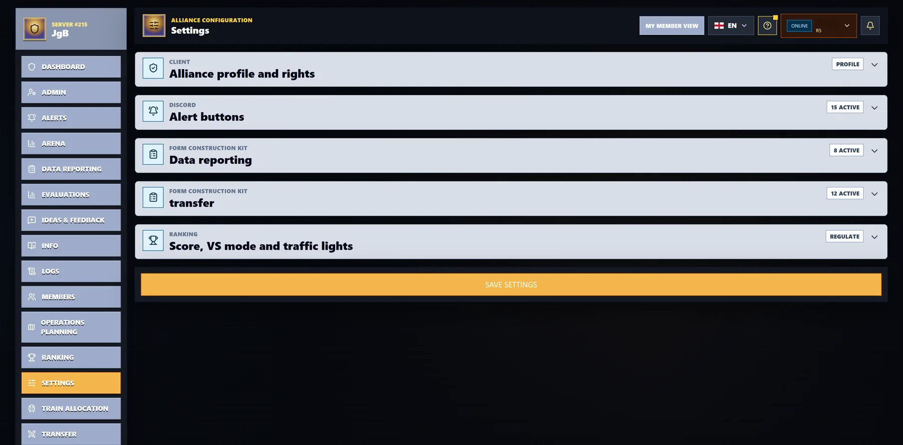 Alliance configuration settings preview